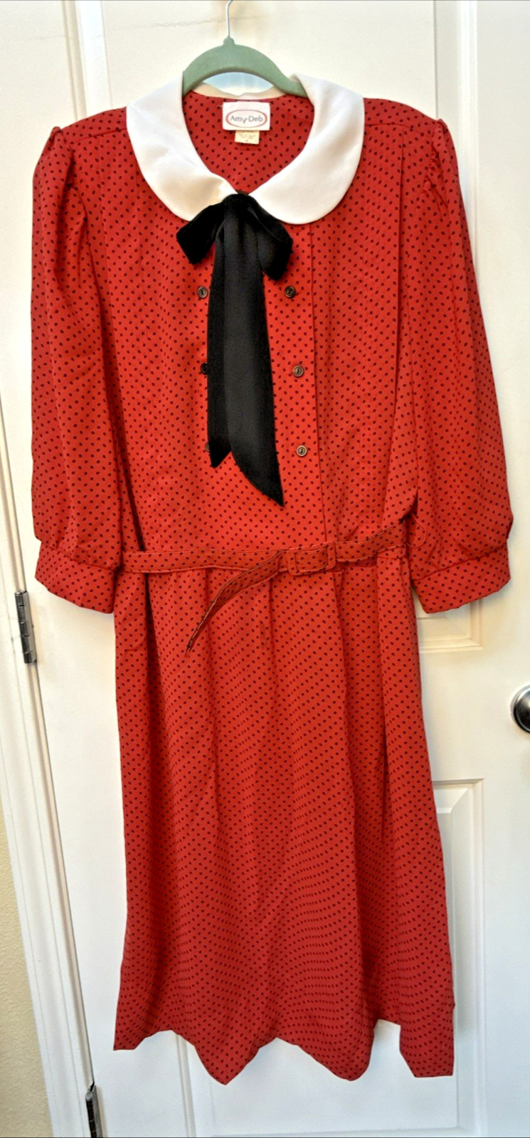 Amy-Deb Women’s Dress 14 Red Black Polka Dot White Collar Button Belt VTG Retro