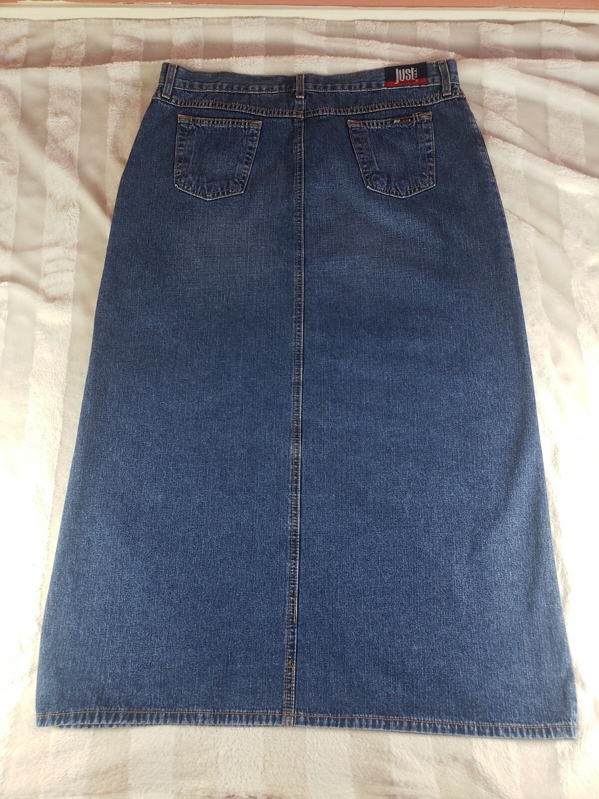 Vintage Just Jeans USA Denim Maxi Skirt Juniors Size 17 Blue Straight Front Slit