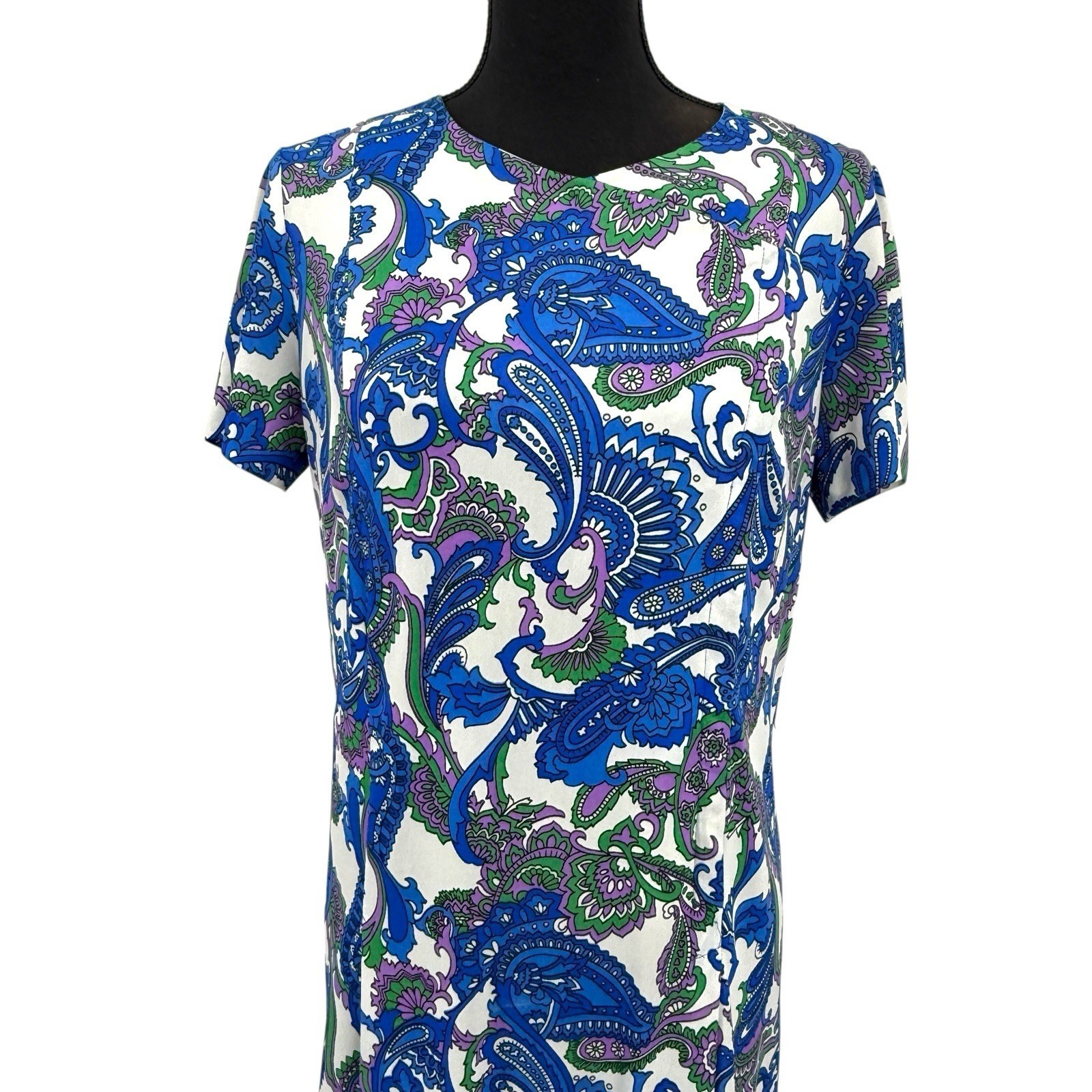 Shelton Stroller Dress Women 60s White Blue Paisley Print Flower Front Zip