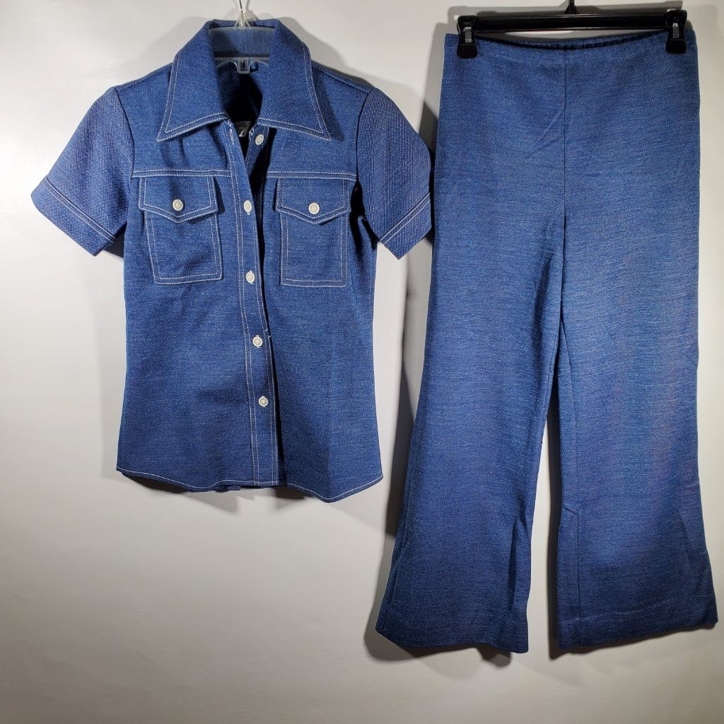 Vintage 70s Paddle & Saddle Denim Look Pant Suit Set Flare Leg Shirt Blue Sz S