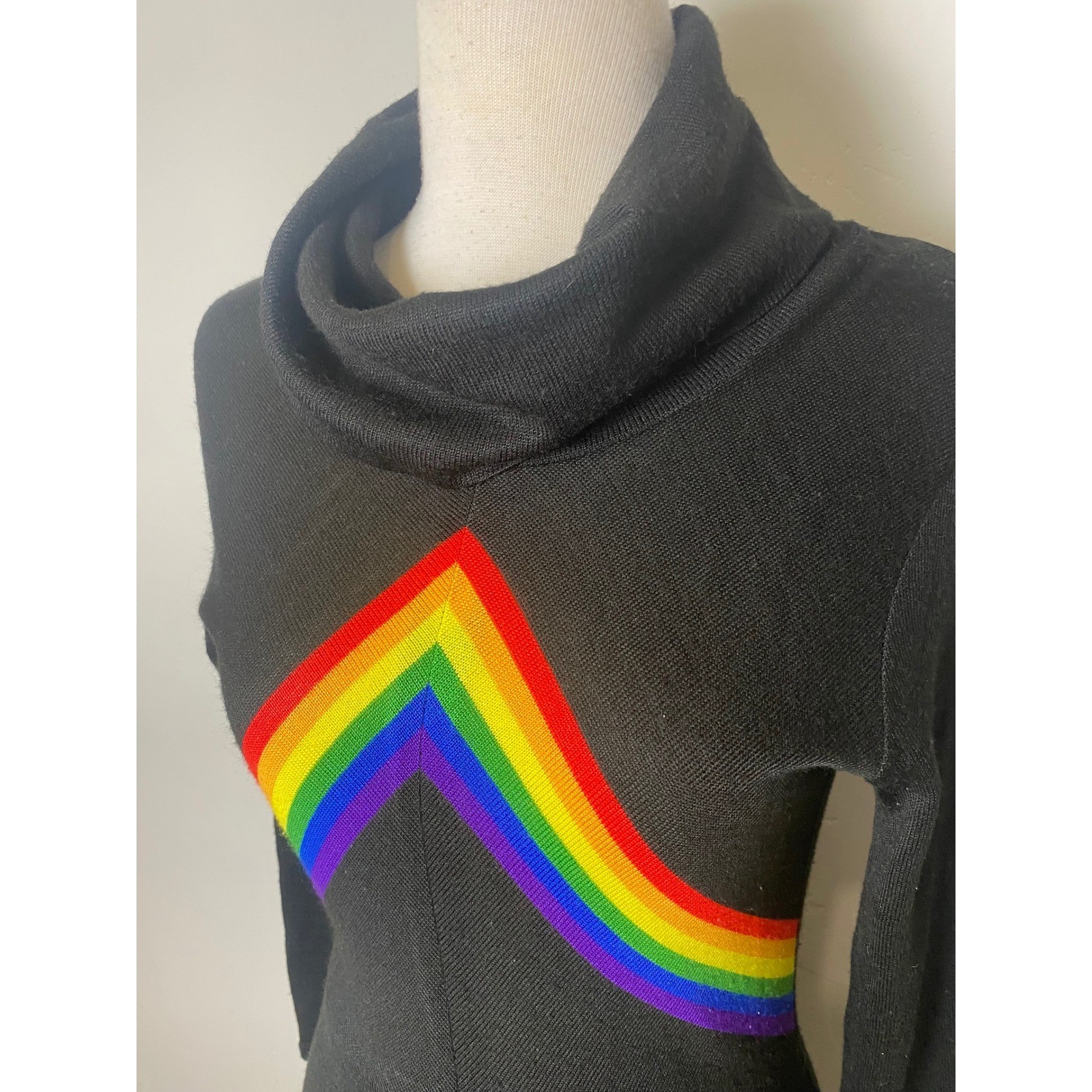 Vintage 70s Rainbow Chevron Knit Midi Dress Black Cowl Neck Long Sleeve Size