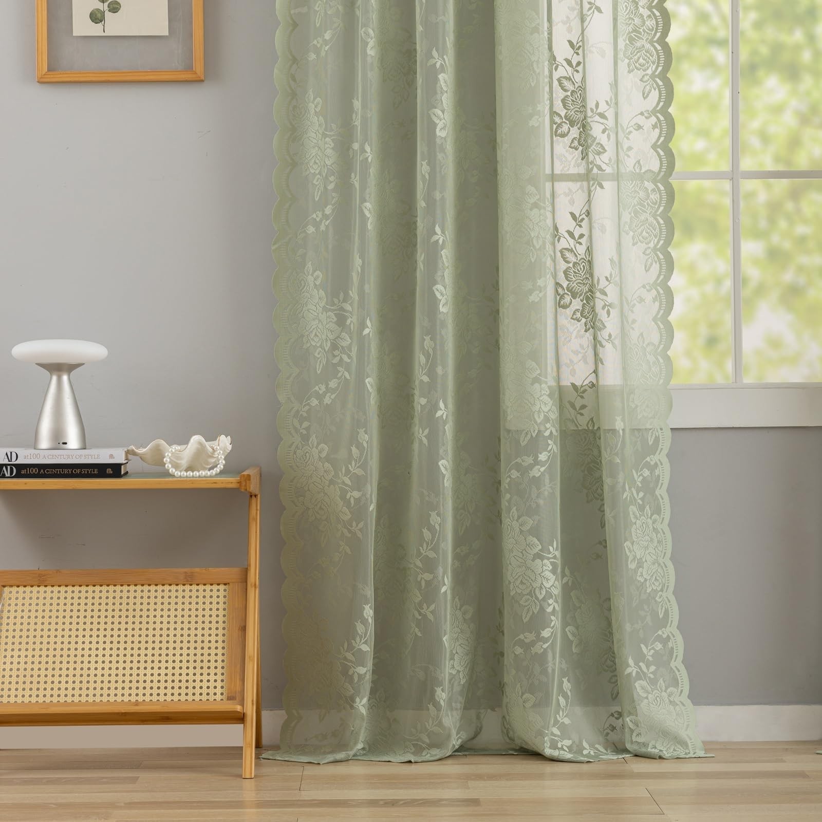 YJ YANJUN Sage Green Lace Curtains 84 inches Long Vintage Victorian Floral Sh…