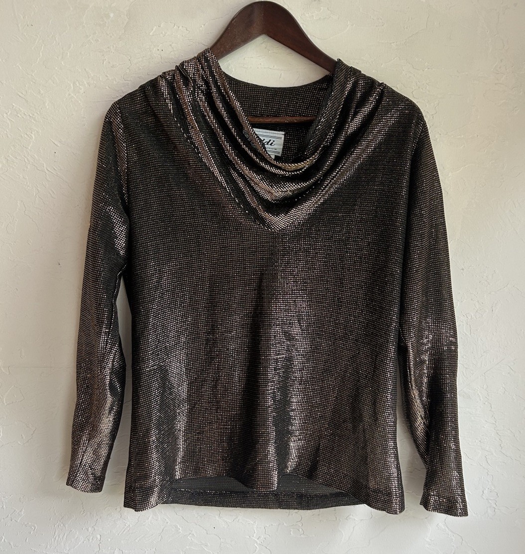 Vintage 1970s Teddi Of California Metallic Top 10 Cowl Disco Glam Bronze Lamé
