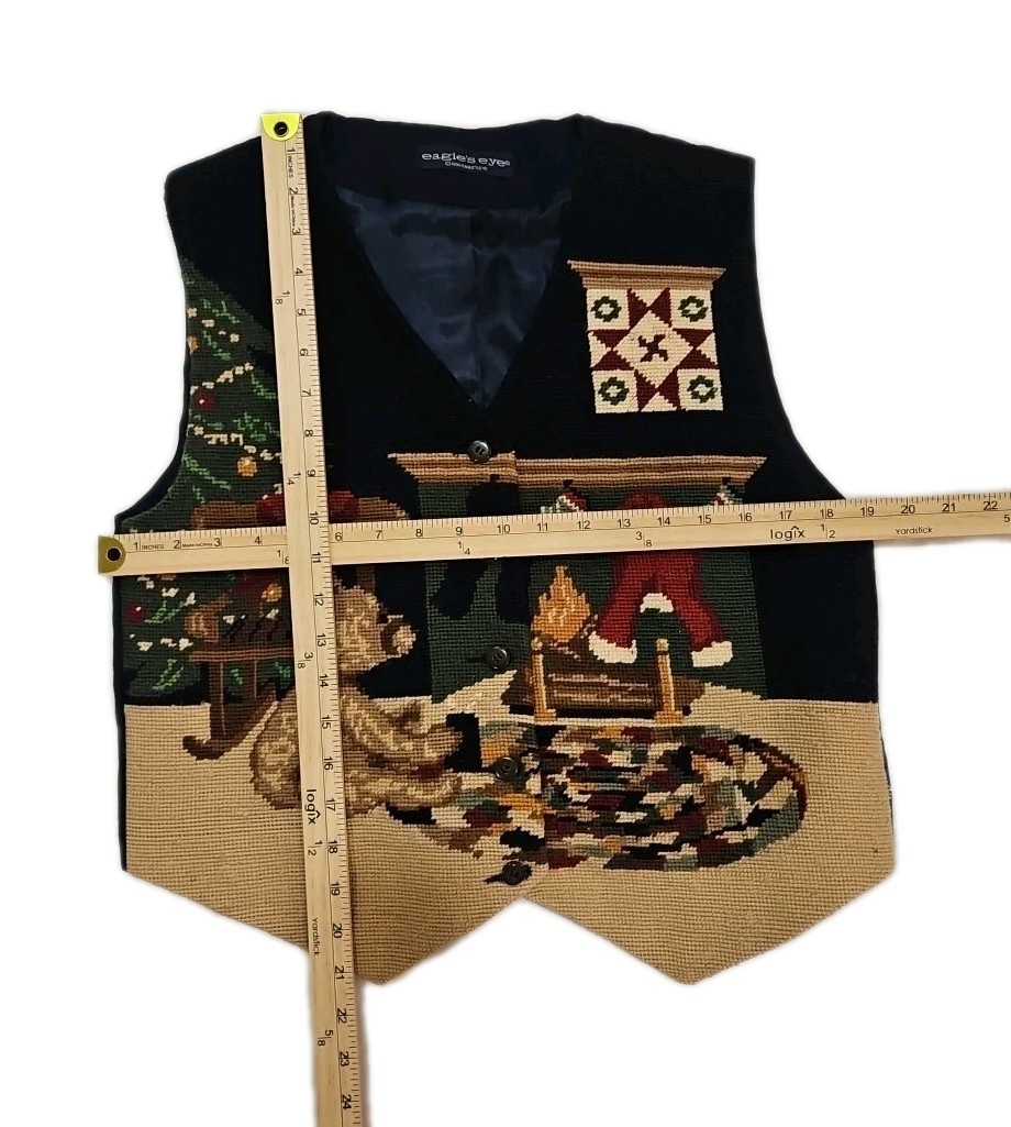 VTG 90s Eagles Eye Wool Needlepoint Blue Christmas Vest Holiday Festive Sz M
