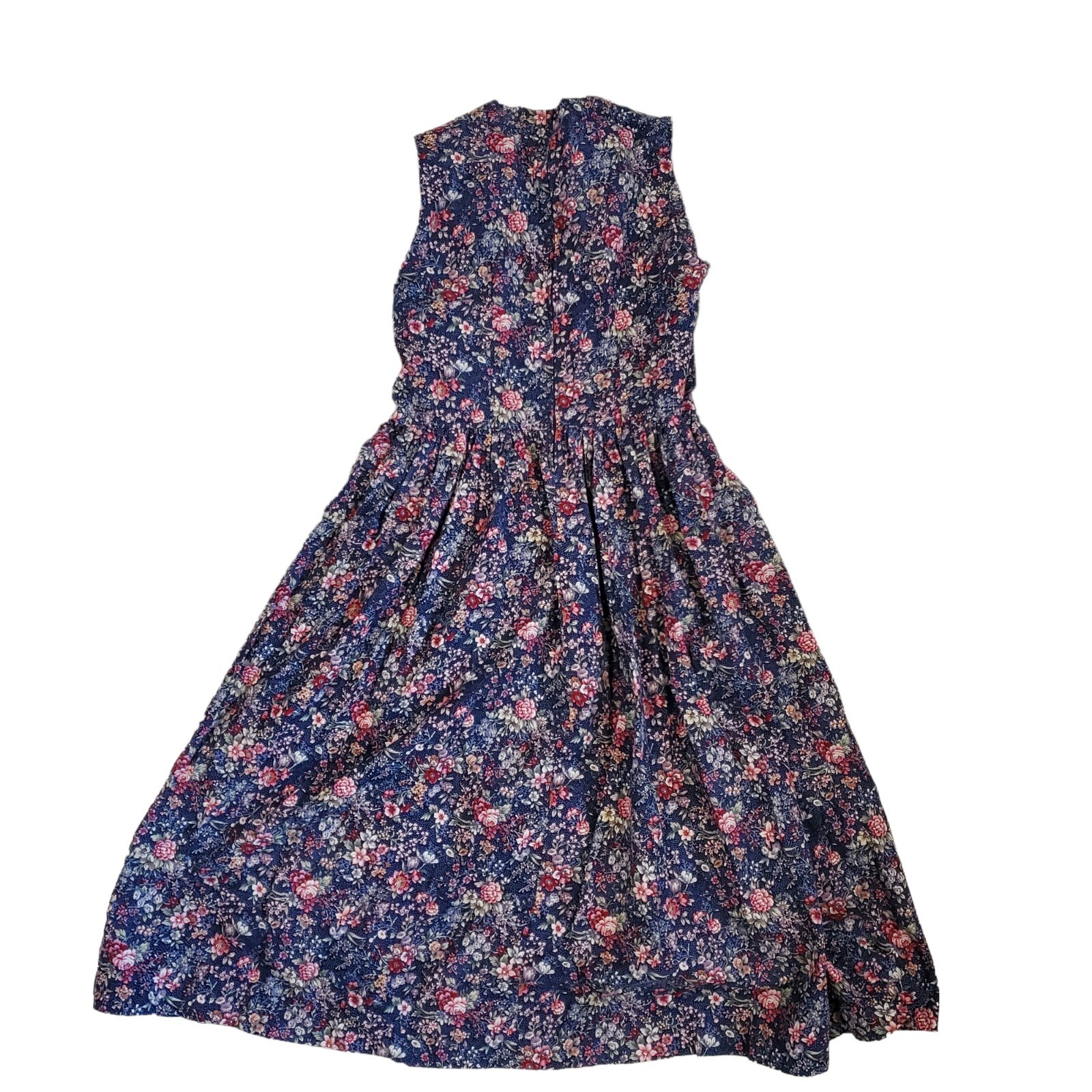 Vintage Prairie Dress XS Ditsy Floral Midi Navy Blue Sleeveless Cottage Core