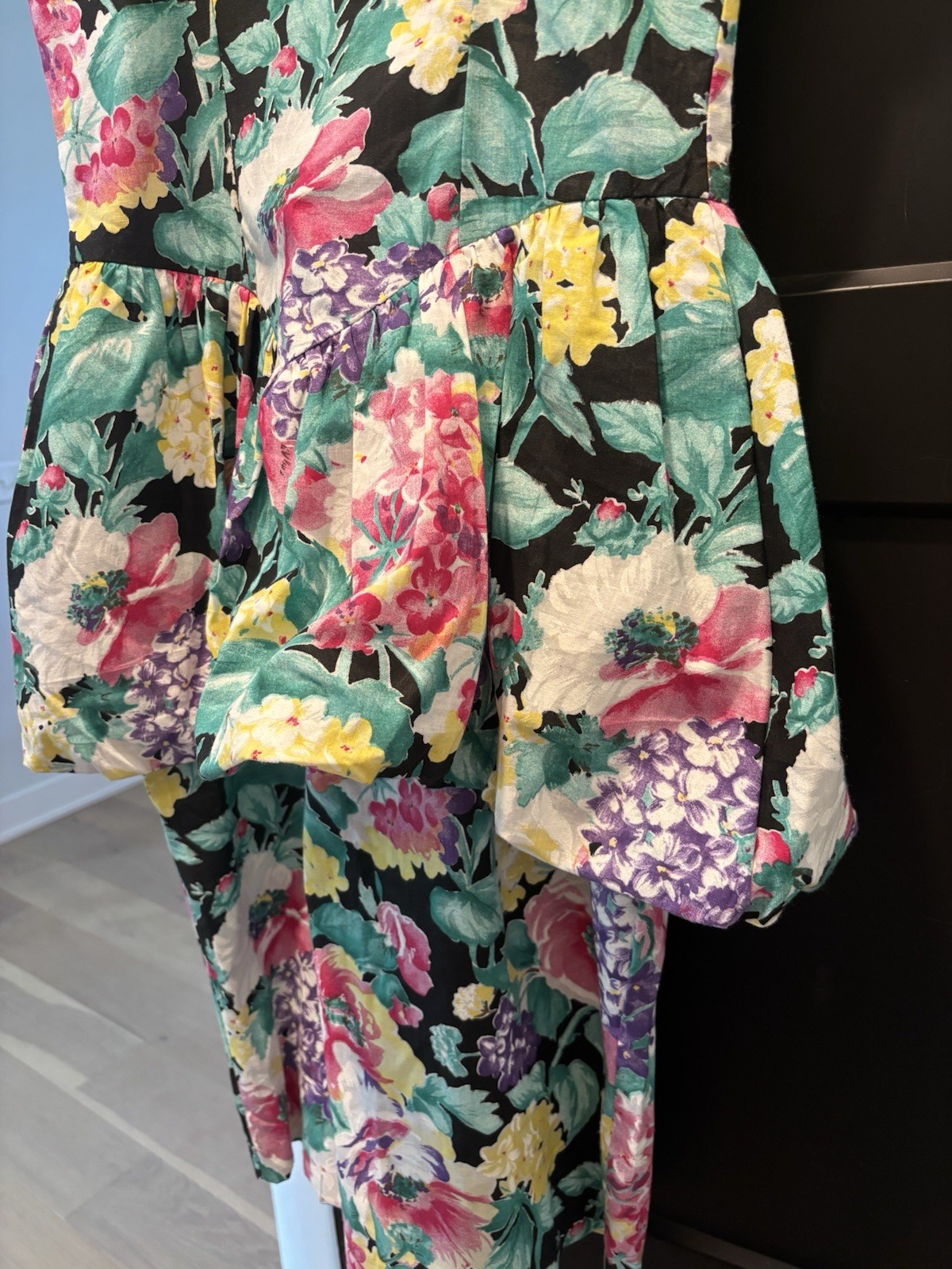 KATIE MFG Vintage 1980s Floral Cotton Drop Waist Midi Dress Tiered Flounce Skirt