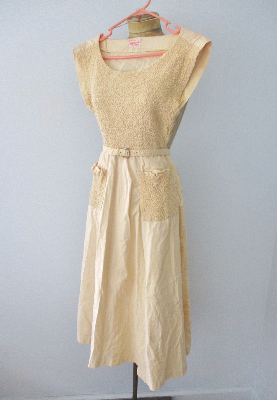 Vtg 40s 50s butter yellow Sanforized cotton dress smocked bodice pockets belt XS