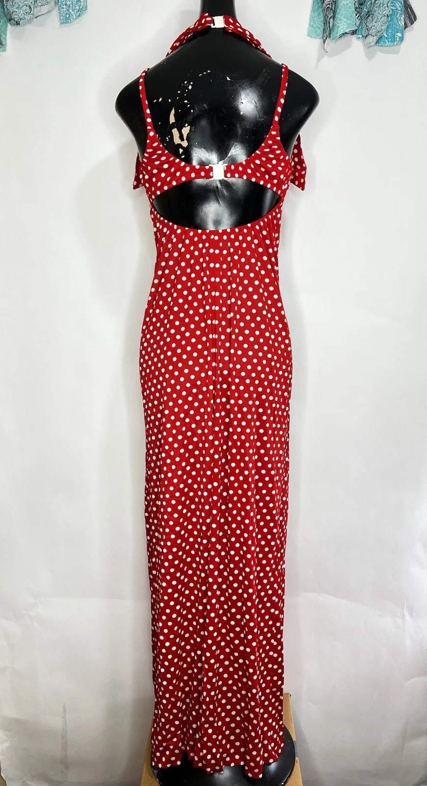 Jack Hartley Miami Vintage Dress Red White Polka Dot Sailor Stretch Halter Maxi