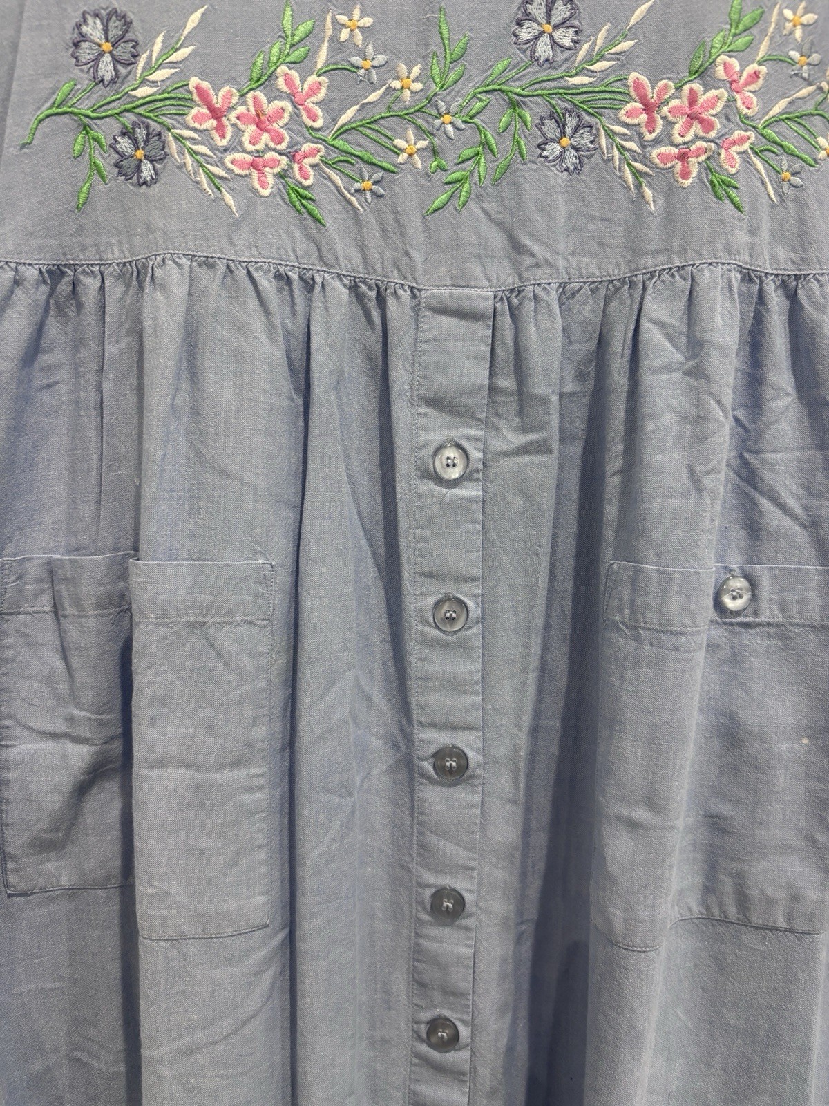 VTG 90s Amanda Stewart Chambray Floral Embroidered Dress Size S Cottage Core USA