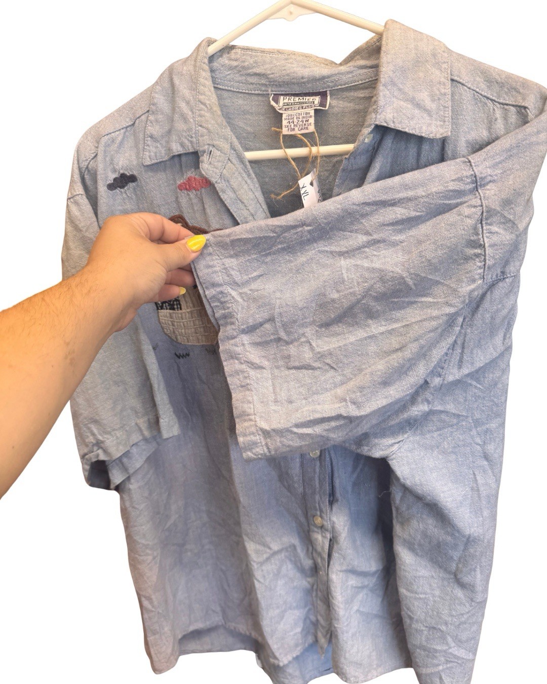 Vintage XXL Light Wash Denim Teddy Bear Cottage Core Button Down Womens Top ￼