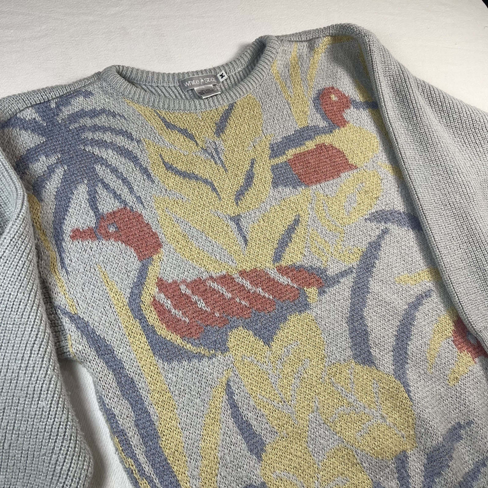 Ducks in the reeds Knit Sweater, mallard grey blue pink yellow animal print