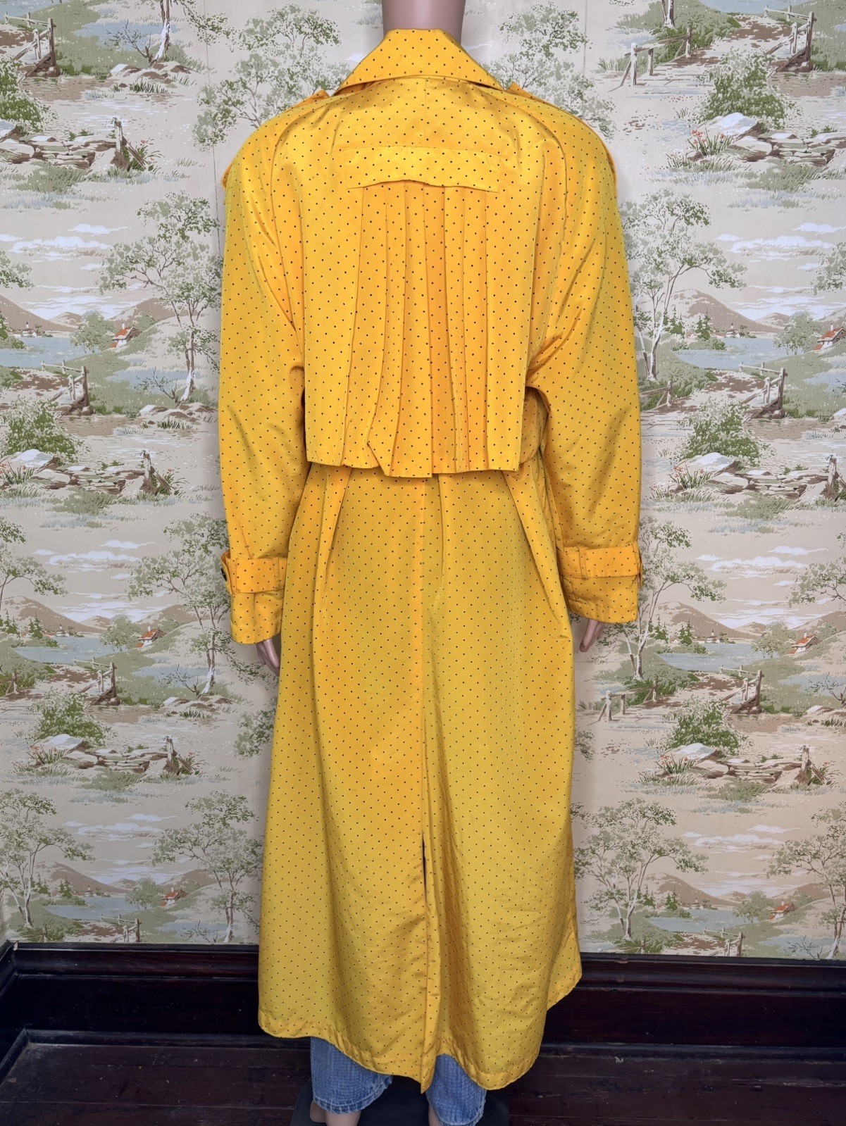 80s J Gallery Yellow Black Polka Dot Trench Coat Pleated Back Size 13/14 Vintage