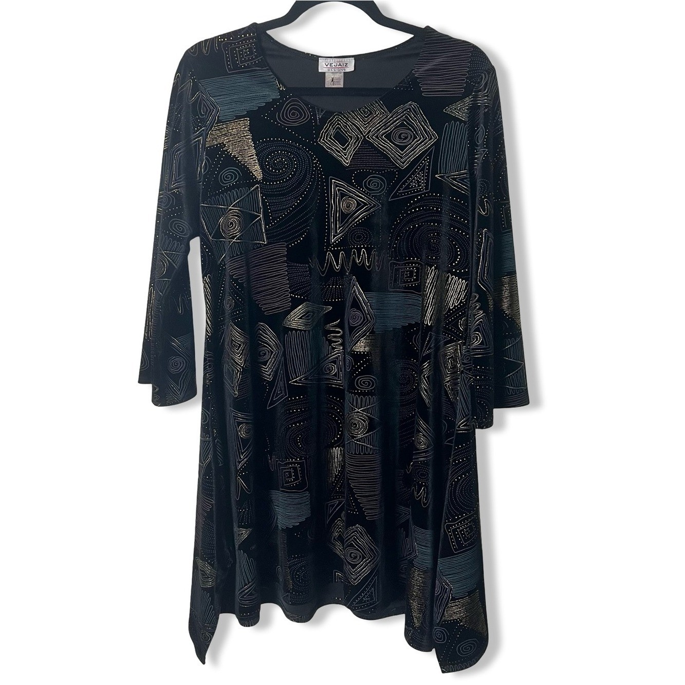 Vejaiz Designs Vintage 90s Black Geometric Metallic Gold Shift Tunic Sz M