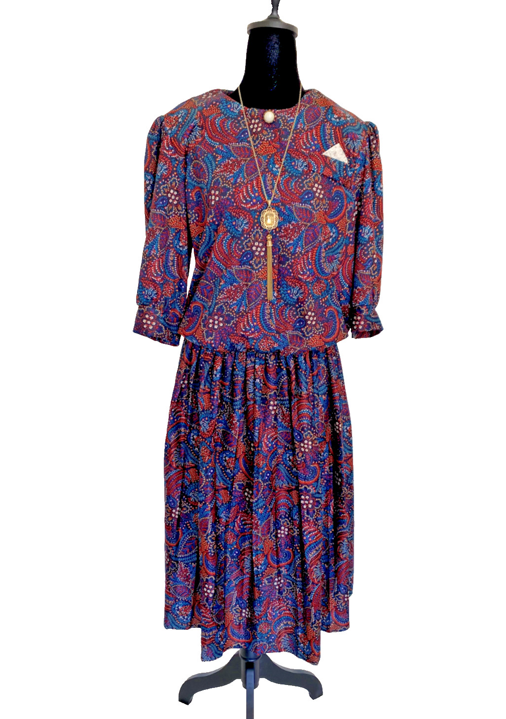 Bright Bold Paisley Print Vintage 80s European Connection Dress Elastic Waist LG