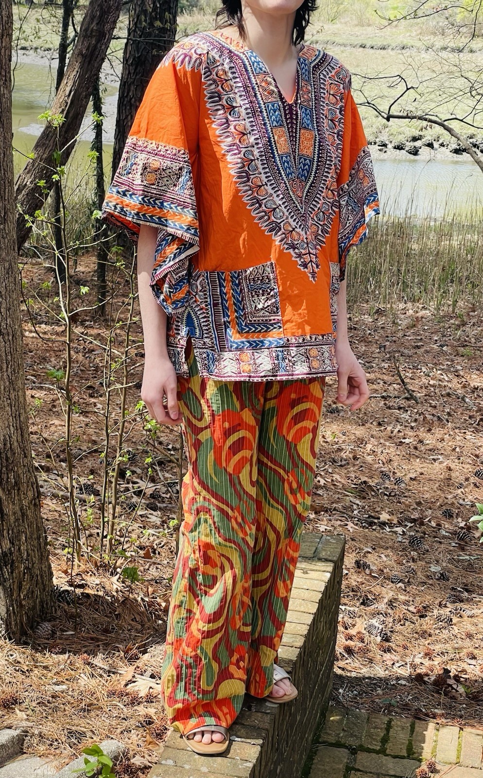 Vintage Hand-Sewn Pants Psychedelic 70s Pattern 26 1/2″ Waist Hippy Bell Bottom