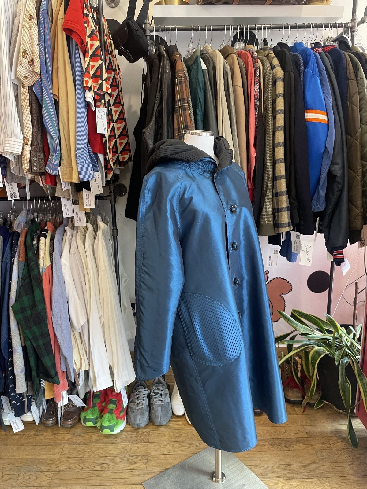 *Reversible* Blue and Black Windbreaker material long trench with pleated hood—M