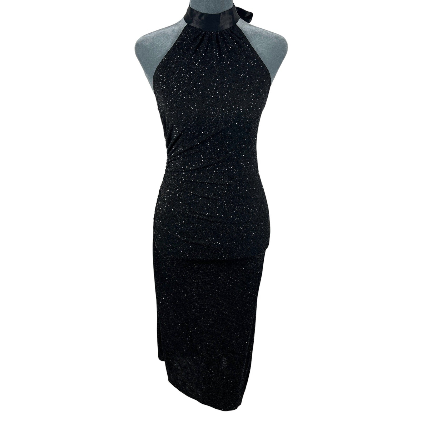 My Michelle Vintage Halter Dress Small Black Silver Glitter Ruched Y2K Fairy USA