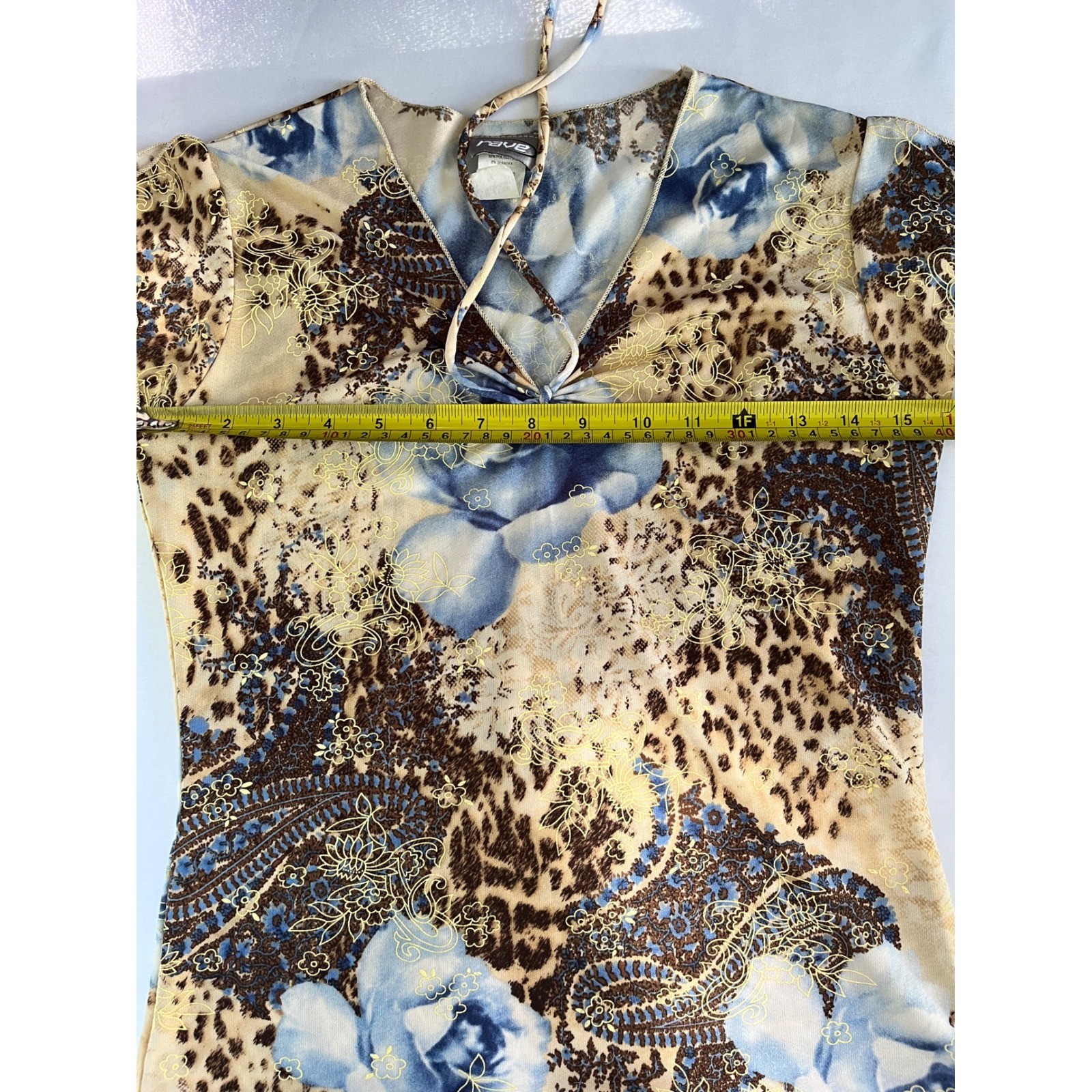 Vintage Rave Y2K Mixed Print Top Blue Rose Leopard Paisley V-Neck Tie Front M
