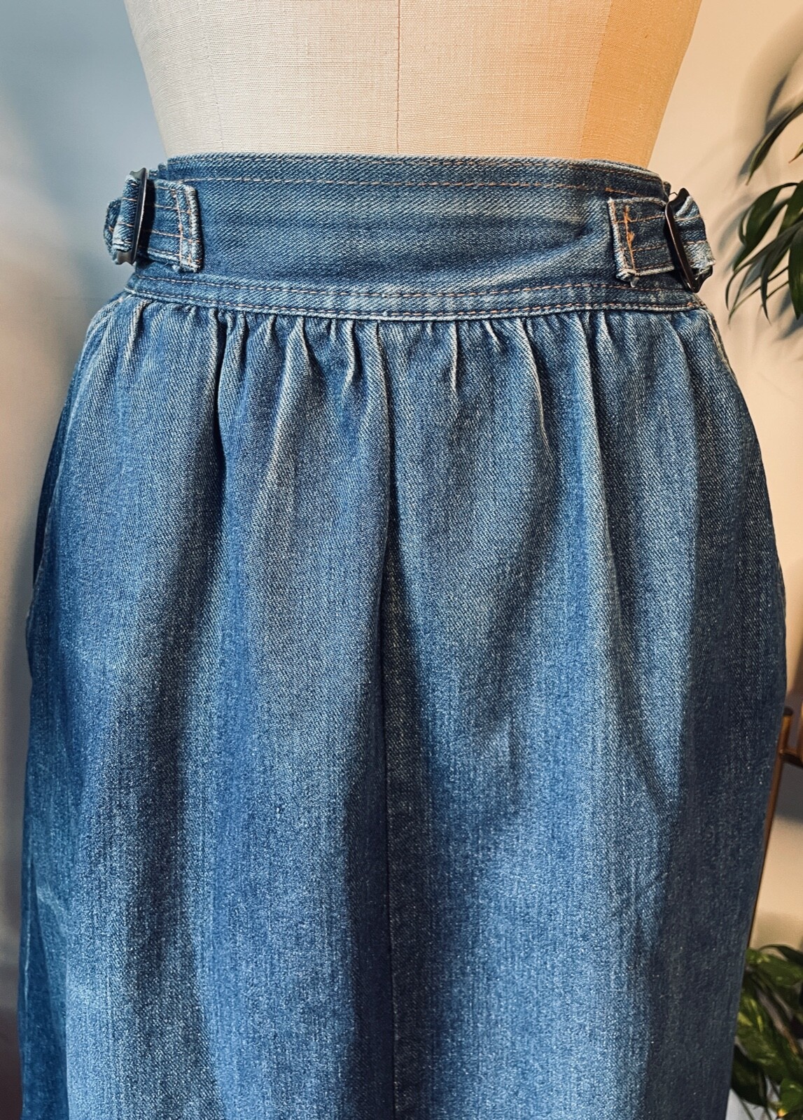 VTG JEAN MACHINE 70’S-80’S BOHO PRAIRIE BLUE DENIM PLEATED SKIRT HIGH WAIST*XS/S