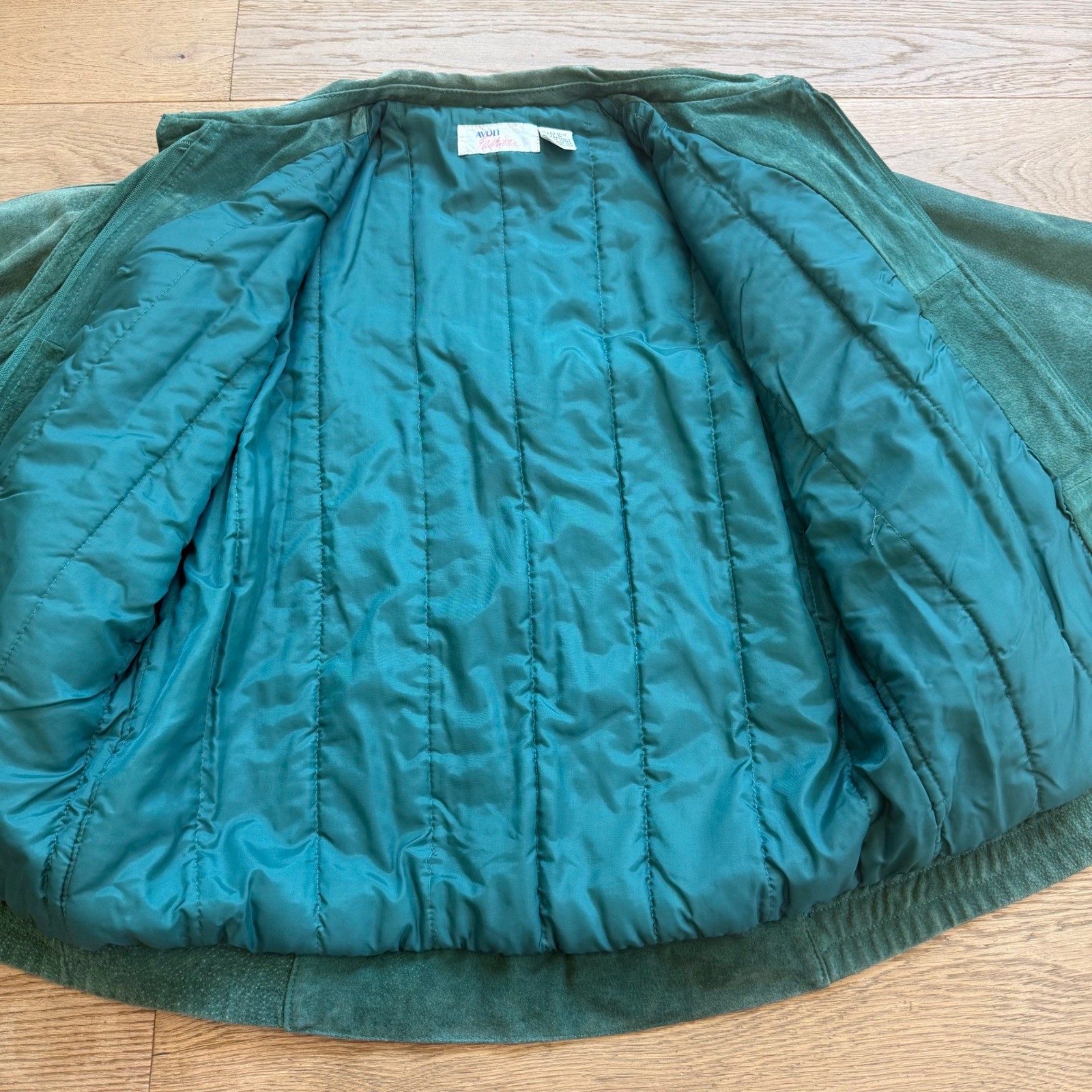 Vintage Avon Fashions Teal Green Suede Leather Bomber Jacket 80s Dolman Sleeve M