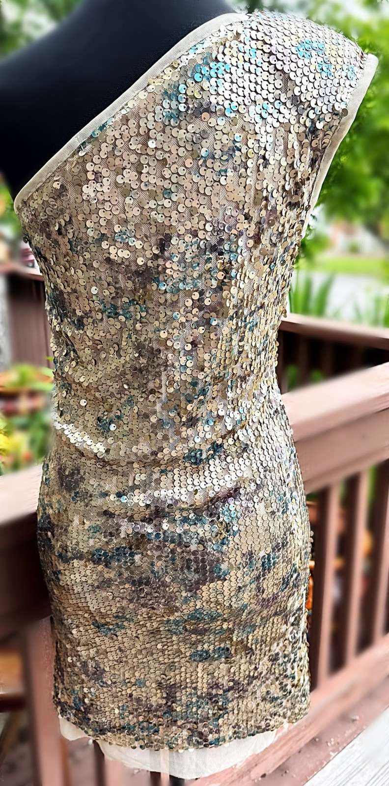 VTG NWOT Uli Herzner One Shoulder Matte Champagne Sequin Cocktail Dress Teal PUR