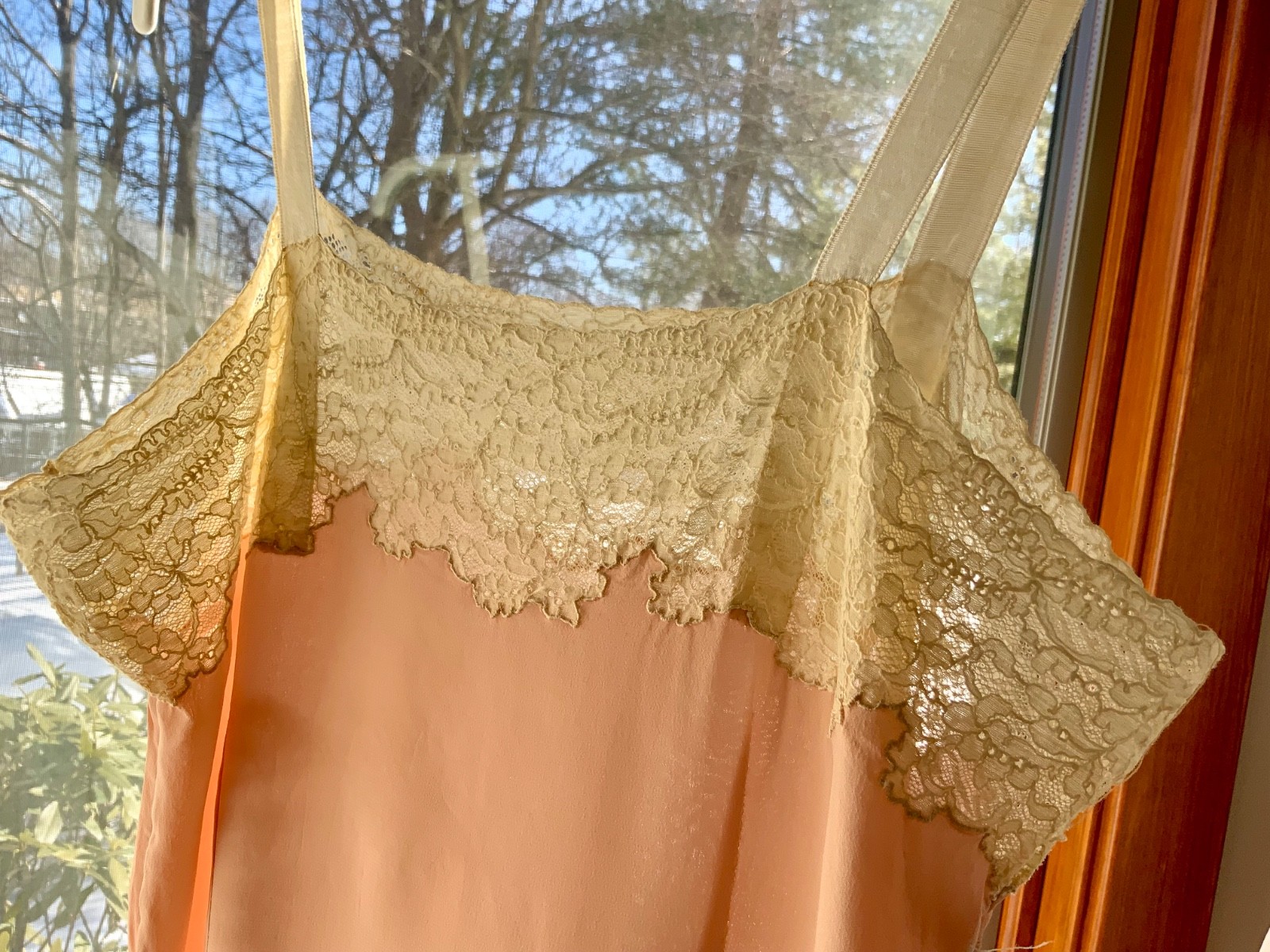 1940s Peach Silk Slip Dress with Antique Lace Appliqué — Pure Silk Boudoir Dress