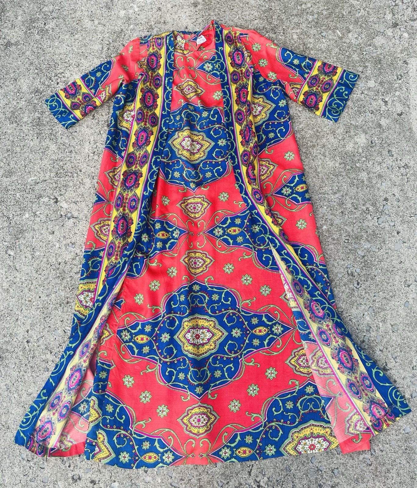 VTG 60’s 70’s Pyschedelic Lounge Craft Caftan GROOVY BOHO Dress Cape Womens L
