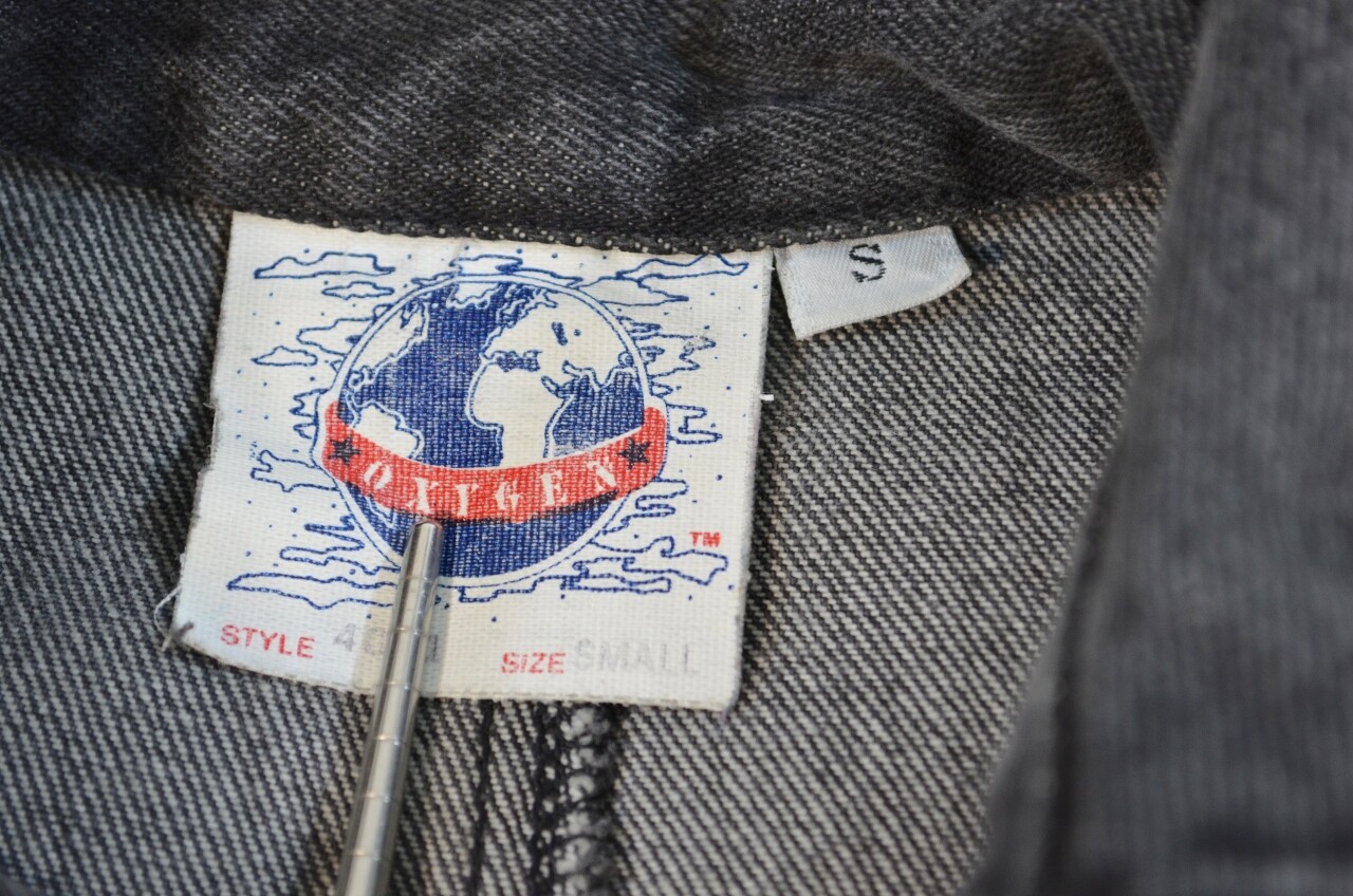 VTG 80s 90s Oxygen Denim Jacket Grey Full Zip Bat Sleeve Back Waist Elastic S