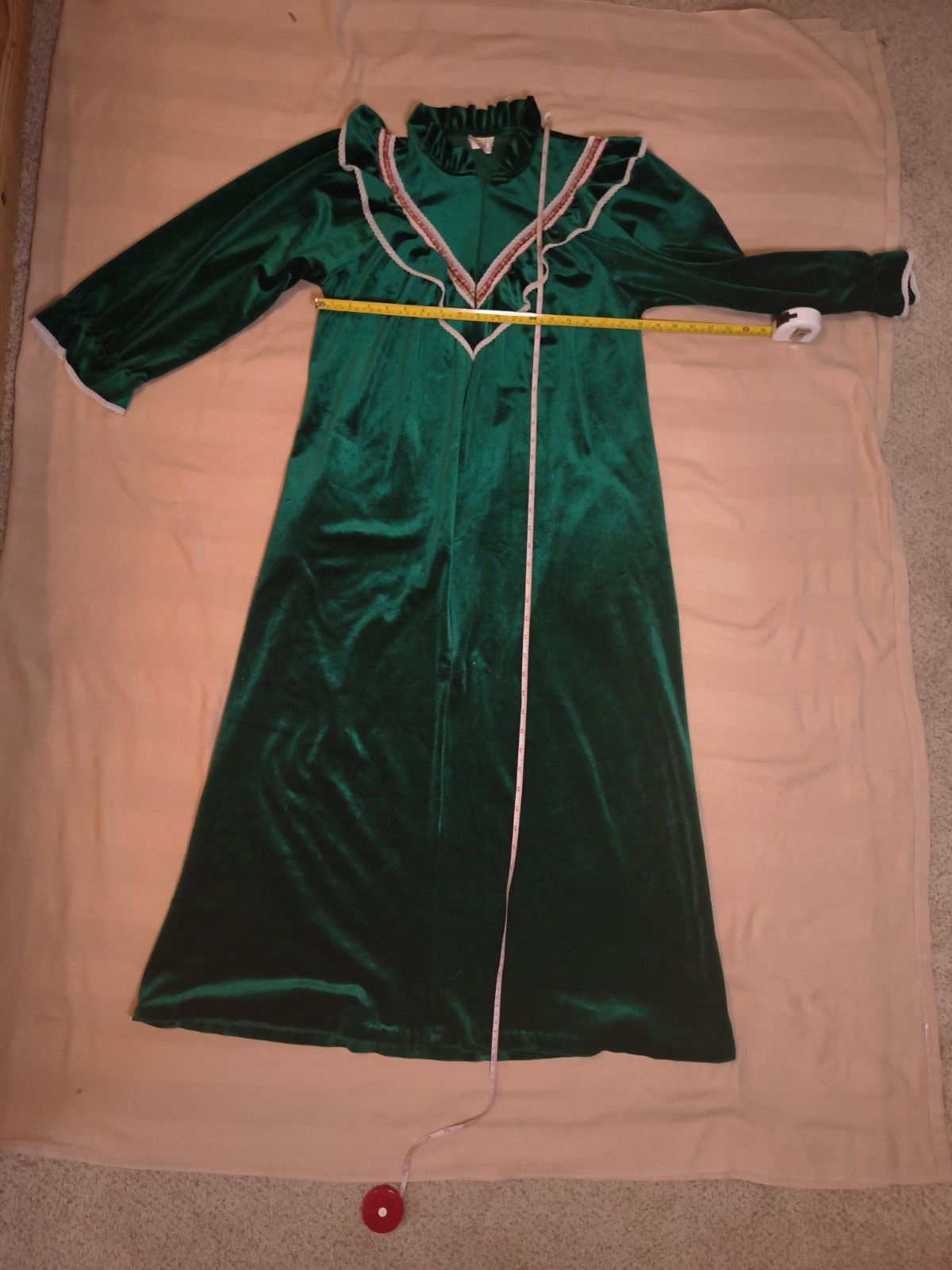 Vintage Appel Green Velvet Nightgown Plaid Ruffle Trim Cottagecore S/M -DP36