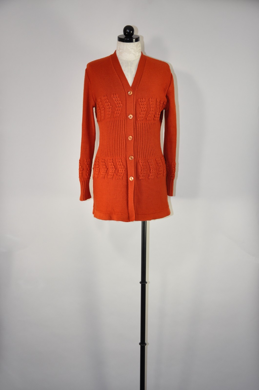 70s Autumn Rust Orange Pointelle Ribbed Knit Button Up Sweater Cardigan Women M
