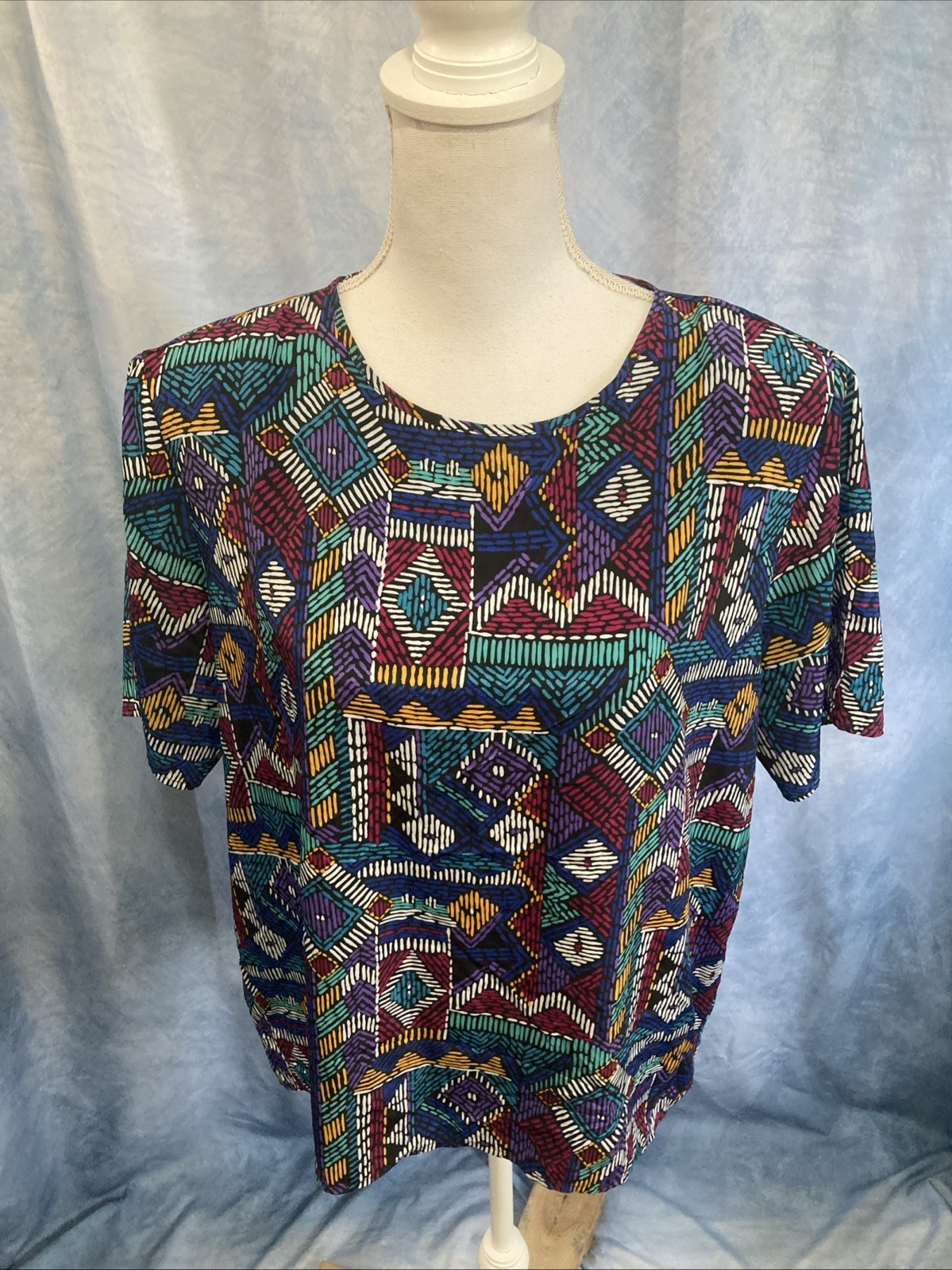 Vtg 80s 90s Kathie Lee Geometric Tribal Blouse Top Shoulder Pads Polyester Retro