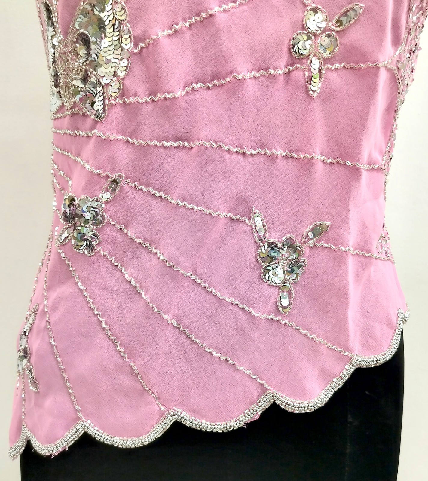 Vintage Y2K Embroidery Costume Sequin Top Blouse Sheer Baby Pink Silver Tunic