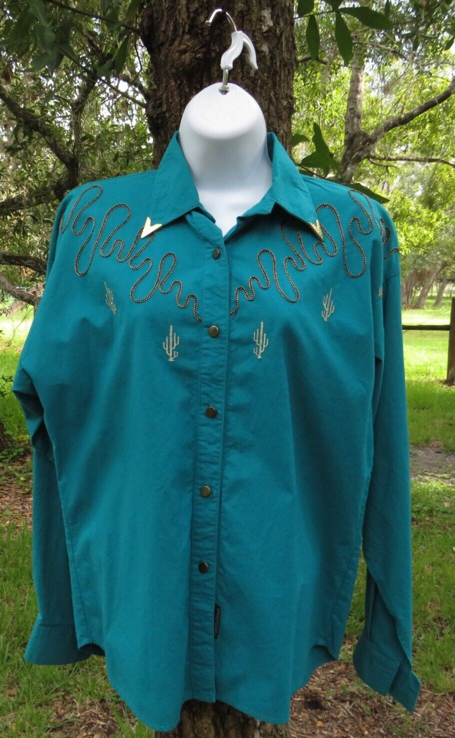 Vintage Lilia Smith Western Cactus Theme Long sleeved Teal Shirt Small Made USA