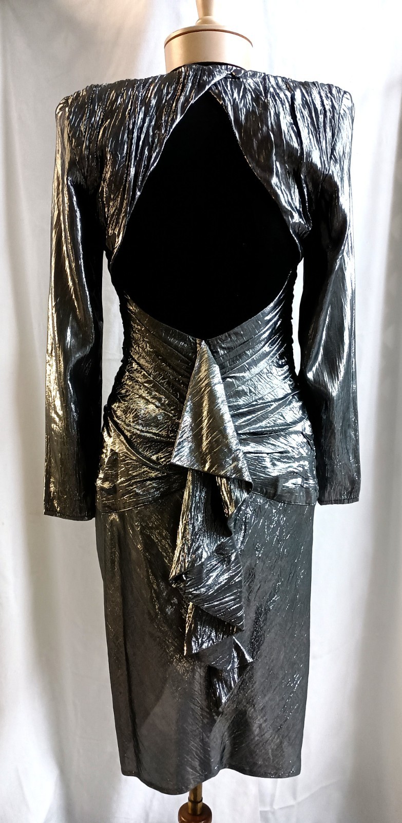 Vtg 80’s B. B. Collections Dressy Clubwear Silver Metallic Sexy Ruched Dress 6