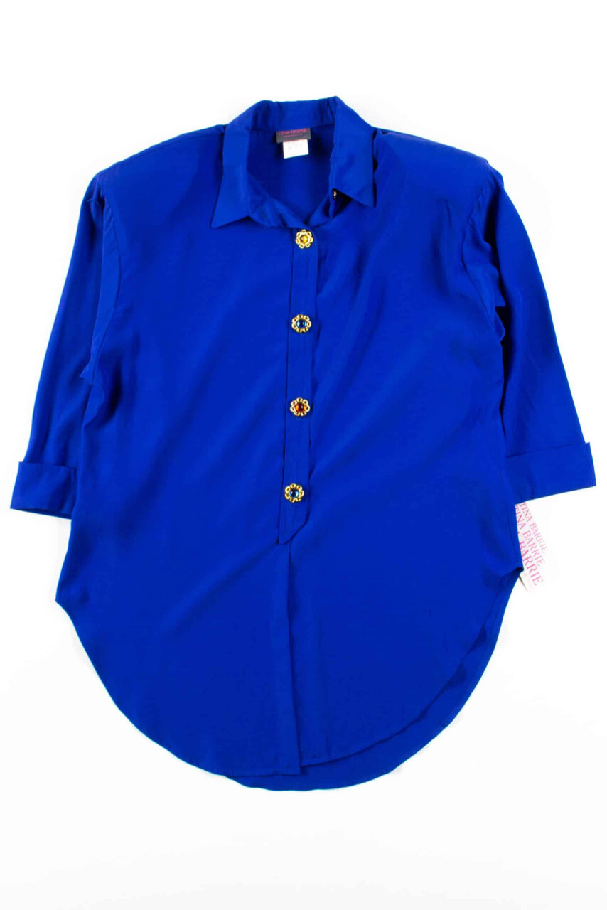 Vintage 1980s Tina Barrie Blue Blouse Large Jewel Buttons Retro Fashion