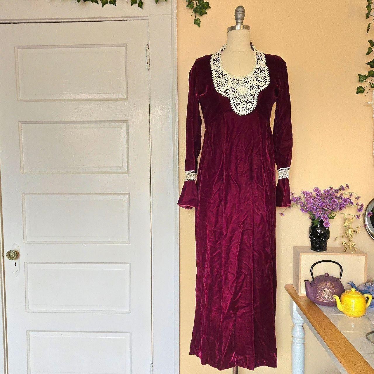1970s victorian revival burgundy velvet maxi dress with lace applique