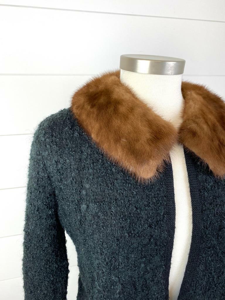 Vintage Century of Boston Black Wool Cardigan Sweater Mink Fur Collar Womens M