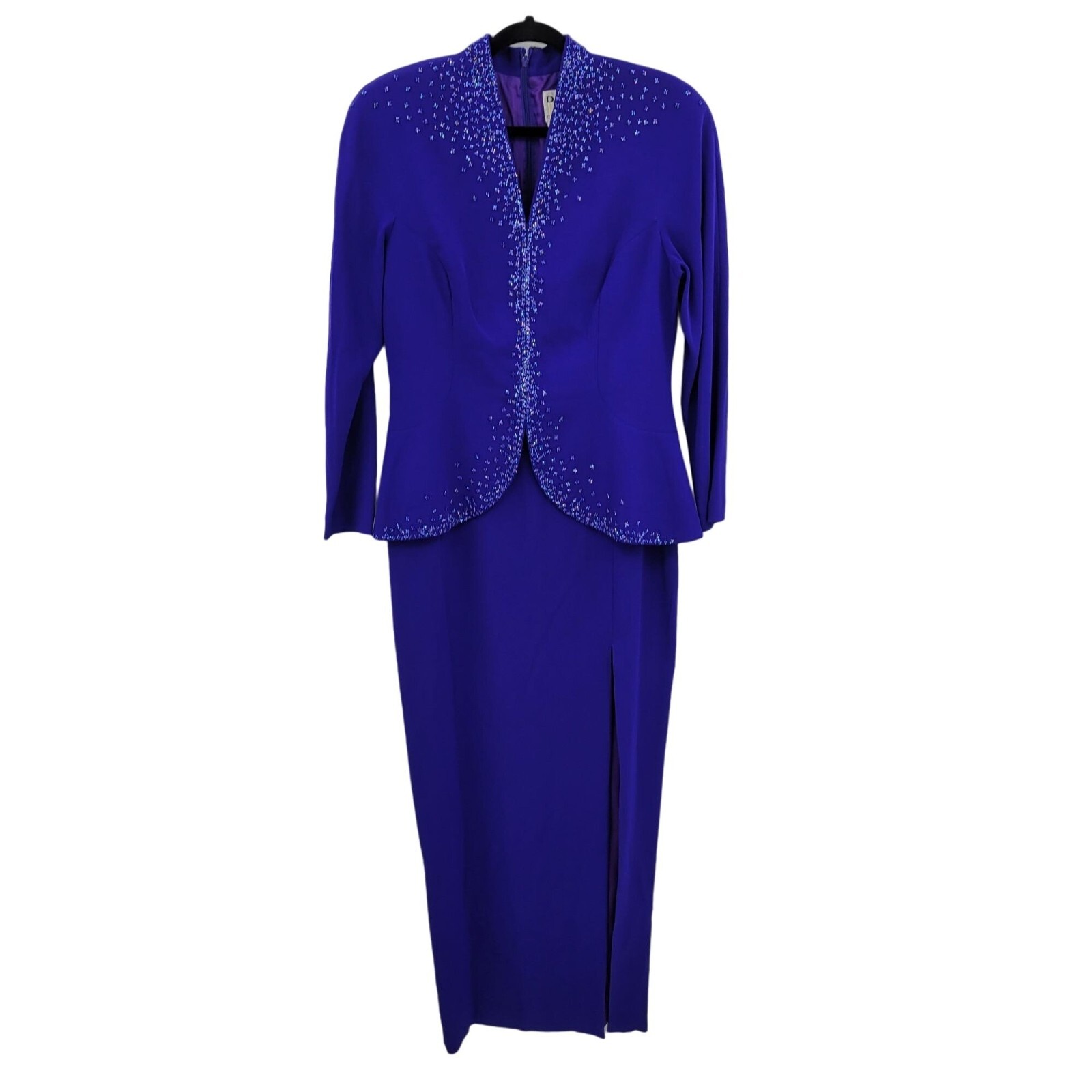 Vintage 80’s Daymor Couture Gown 6 Blue Peplum Beaded Front Slit Modest Sexy