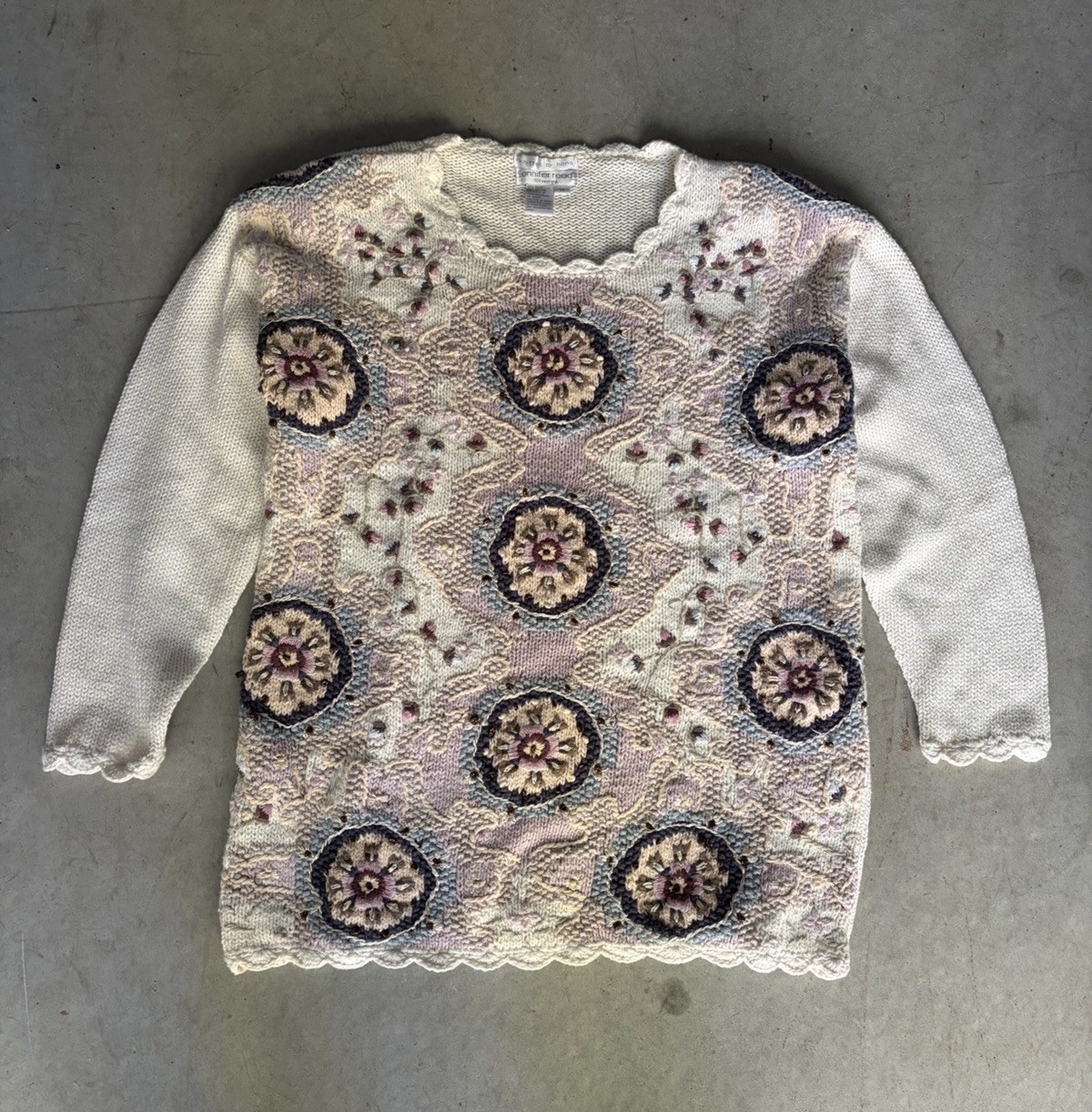 Vtg Jennifer Reed Hand Knit Long Crew Floral Medallion Embroidered Sweater M