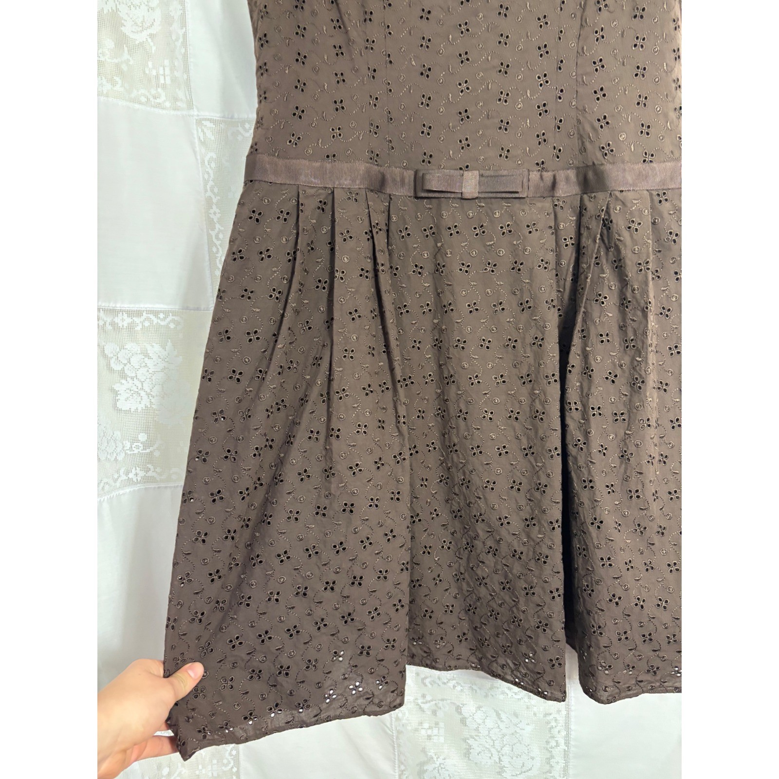 VTG Brown Cottage Twee Bow Front Babydoll Cotton Eyelet Midi Dress Size XL