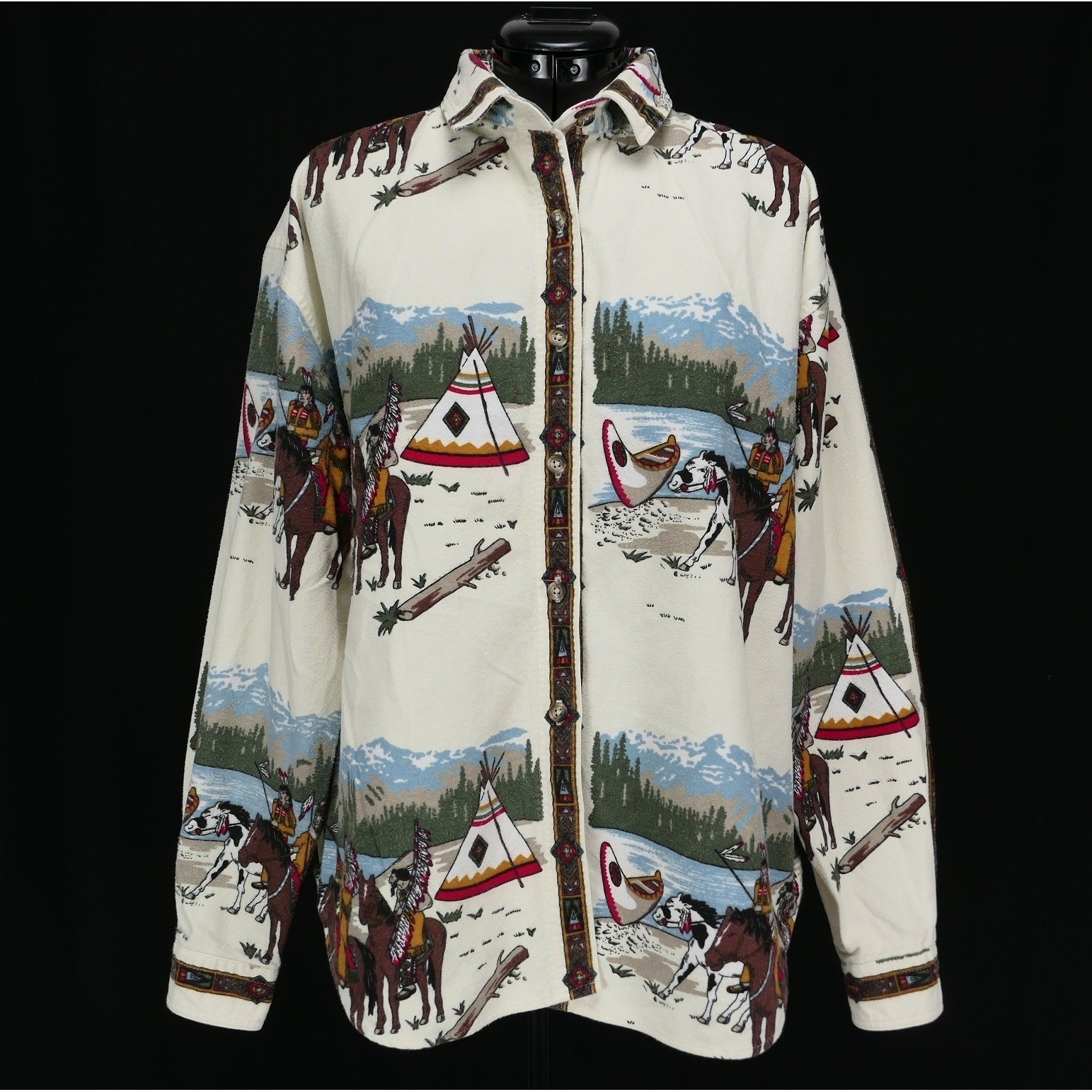 VTG Woolrich Womens L Flannel Shirt Native American Scene USA Made Clean RARE