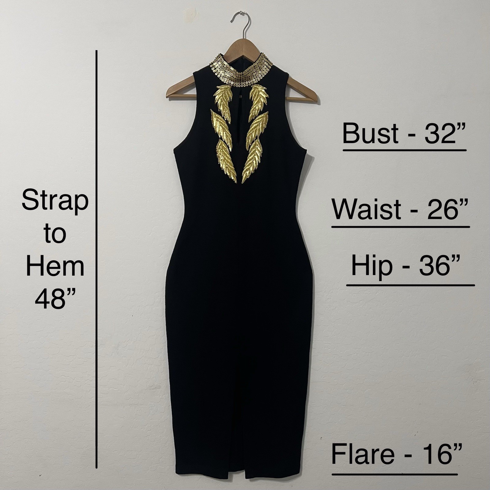 Vintage 80’s Casual Corner Gold Sequin Leaf Dress | Grecian Choker Wiggle Midi
