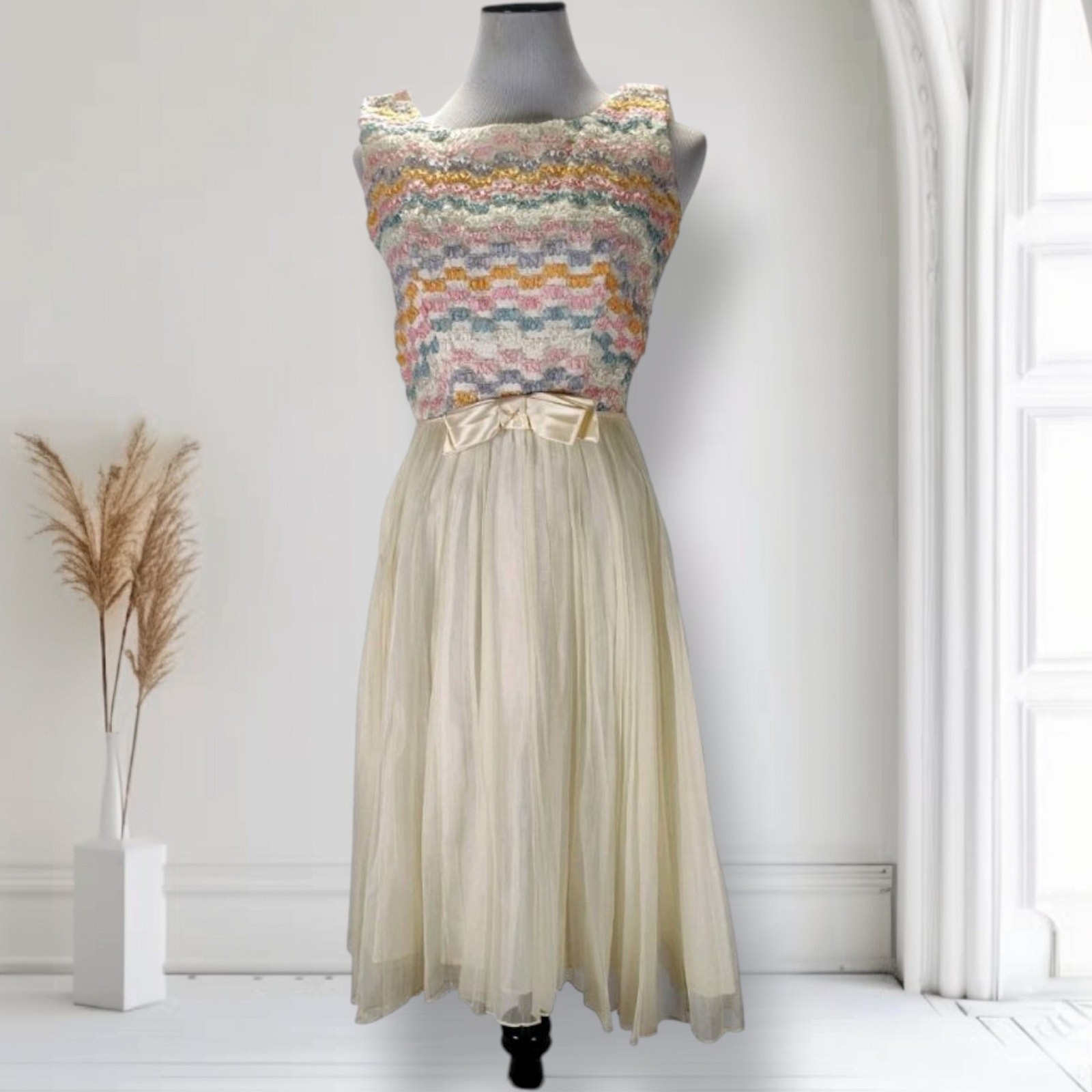 Vintage 60s Pastel Chiffon Party Dress Coquette Balletcore Fit Flare 6