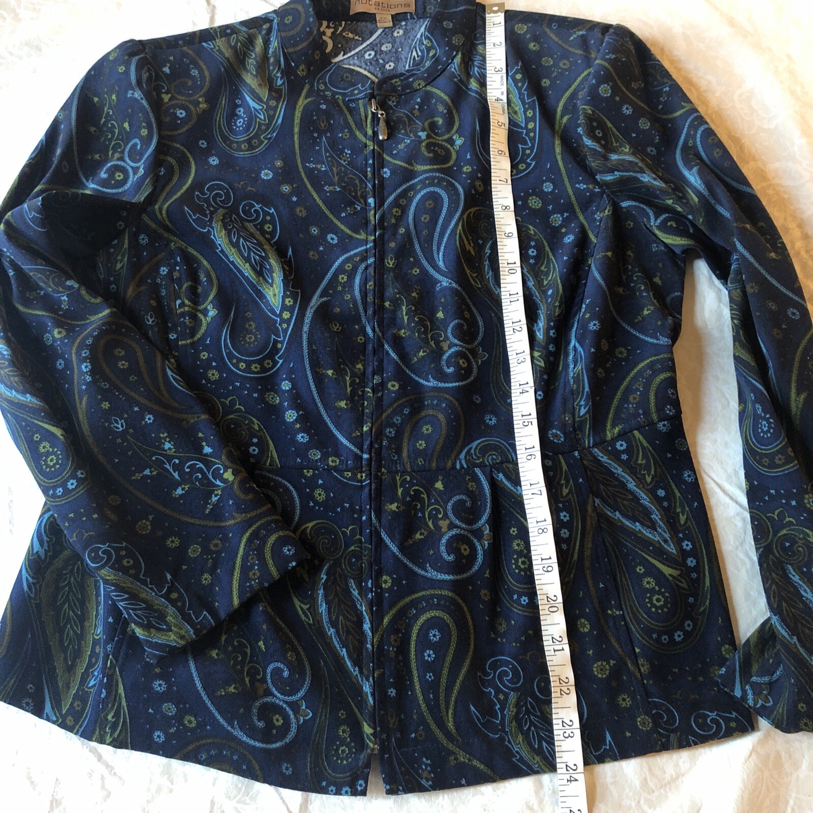 Vtg Notations Women PM Velvety Soft Lightweight Blue Paisley Zip Jacket Stretch