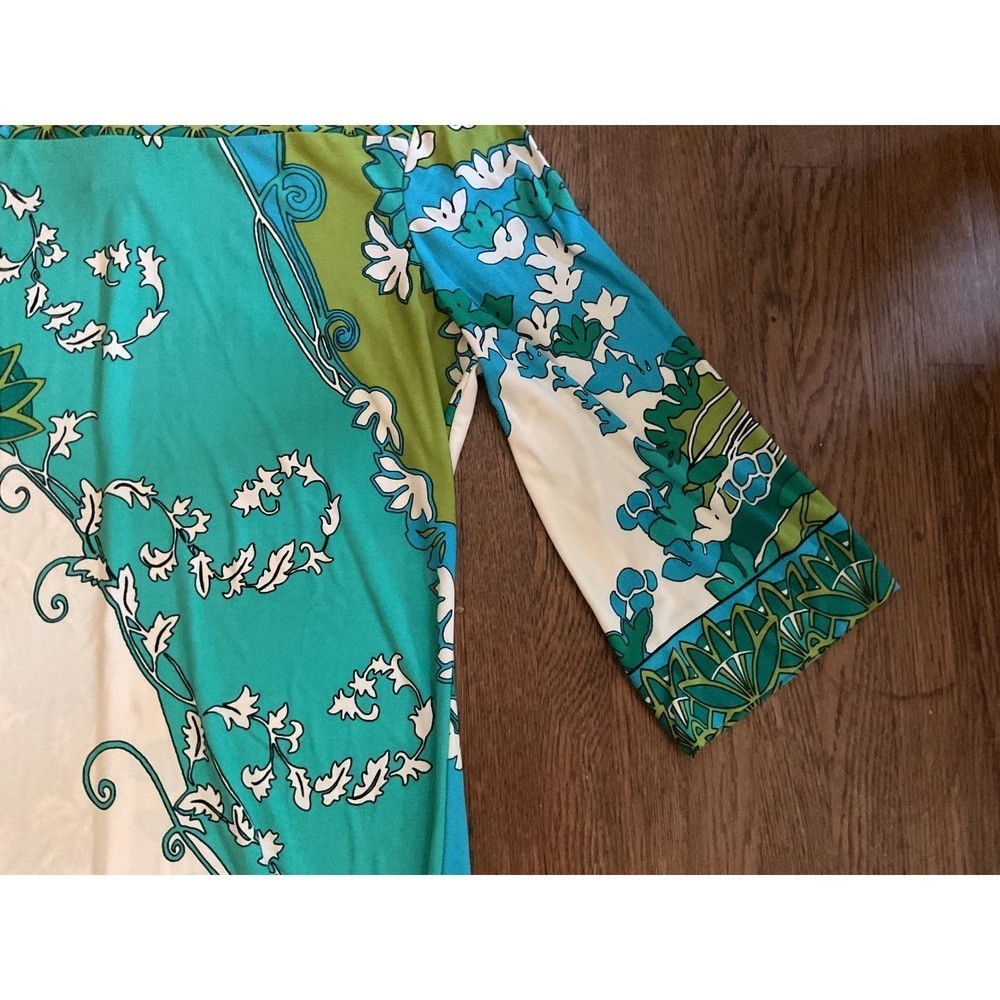 Donna Morgan Teal Floral Print Bell Sleeve Shift Dress Size 8 Retro Mod Style