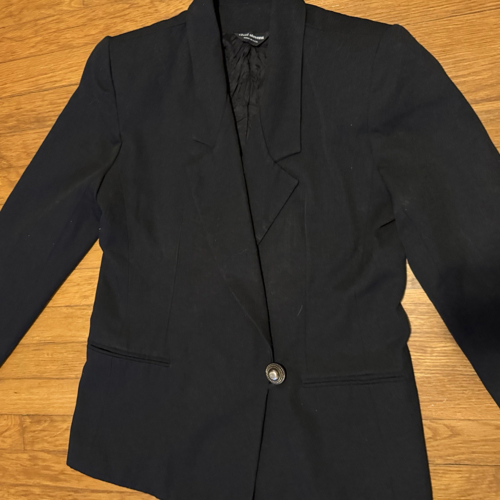 VTG Black Blazer Jacket Sz 12 P Petite 90s Shoulder Pads Chad Stevens