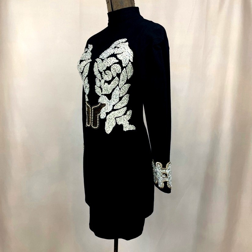 Vintage Womens (S/M) 90s Beaded Bodycon LBD Cocktail Dress Mini Mobwife McBling
