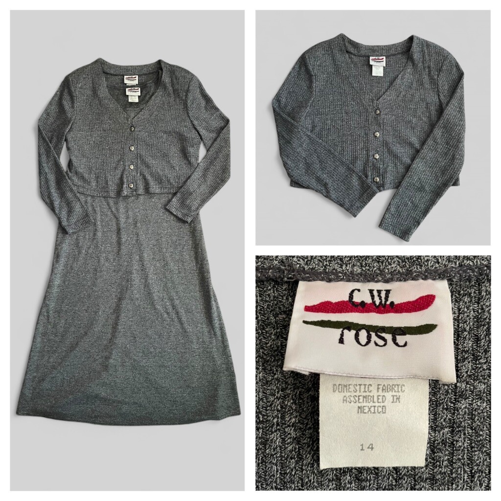 VTG Y2K Preppy Babydoll Dress Gray Cropped Cardigan Modest Maxi Skirt 1990’s L