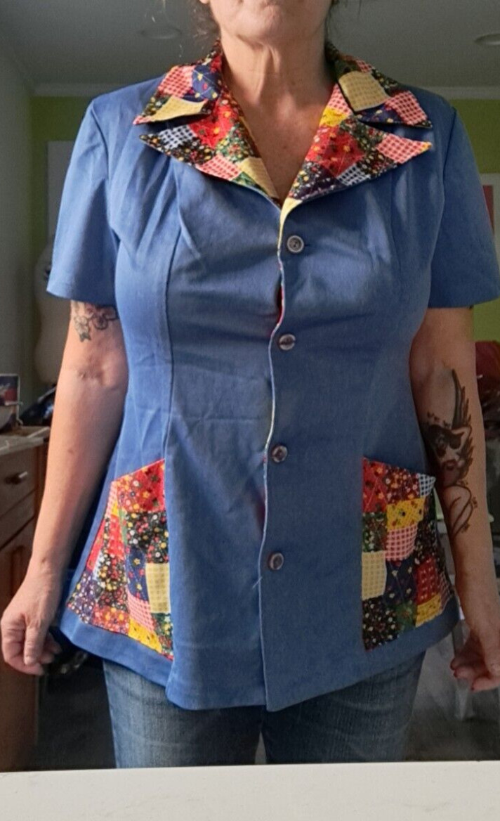 Vintage Rockabilly Waitress Top Patchwork Print Oversized Collar & Pockets LARGE