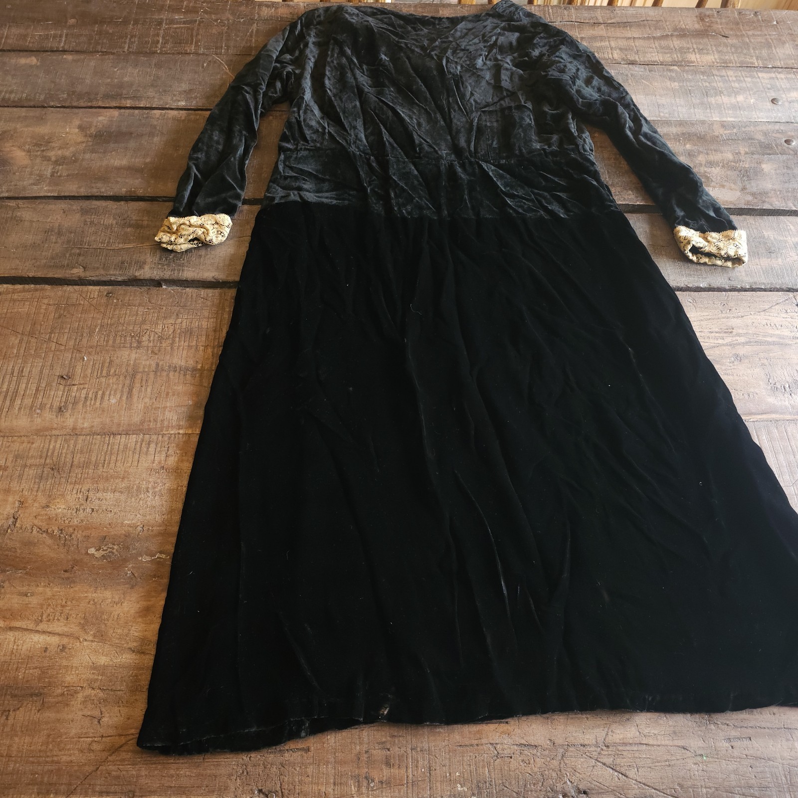 Antique Black Velvet Dress W/ Lace Detailing on Sleeves &Cuffs Long Sleeve Vneck